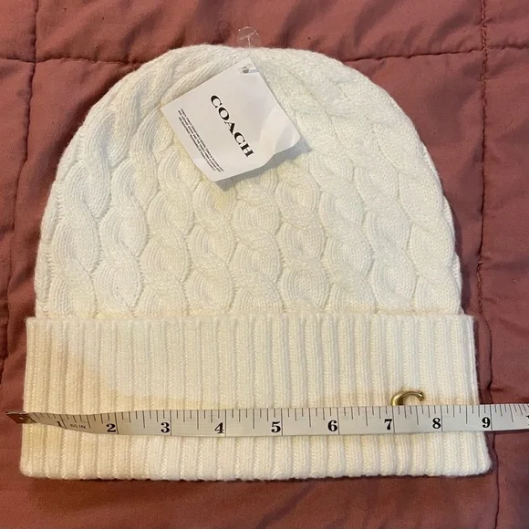 Coach White Knit Beanie with Gold Logo - Picture 11 of 16